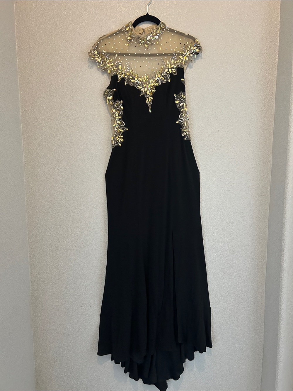 Elegant Black Evening Gown with Gold Embellished Illusion Neckline size 8